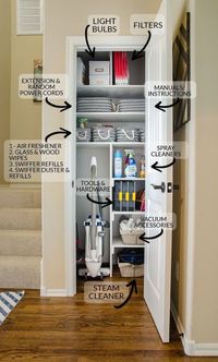 Gather all your cleaning and interior home upkeep supplies into ONE location, like a small coat closet. Coats can be moved to coat hooks/racks in the entry to free up this premium storage space.