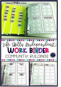 This life skills independent work binder helps students work on concepts related to community buildings. These are perfect for life skills and para-led or independent stations in an elementary, middle, or high school special education classroom. Students will work on sorting, matching, labeling, and categorizing community buildings. Keep them in binders or file folders to make them a great resource for any independent work library. #SpecialEducation #sped