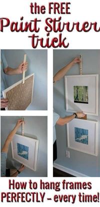 Aug 29, 2017 - An easy (free) trick to hang frames that have a wire across the back so they're all level, straight and evenly-spaced