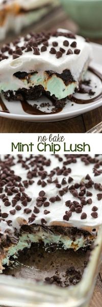 No Bake Mint Chip Lush Dessert filled with layers of cookie crumbs, no bake mint chip cheesecake, and chocolate pudding!