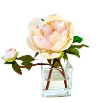 This gorgeous real touch peony flower arrangement includes one light pink peony flower and one peony bud. Handcrafted for lasting beauty, this artful silk flower arrangement uses acrylic water and is styled in a modern 3" cubed vase. Add this elegant arrangement to a bedroom nightstand, office or bathroom decor. #homedecor #peonyarrangemen #luxuryhomedecor #smallflowerarrangement #floralhomedecor #babyroom