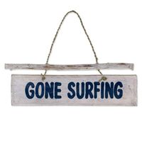 This nautical sign is made of albesia wood with an agel grass cord for hanging on a wall. Hand carved by Indonesian artist Putu Suserini, this sign features the phrase "Gone surfing." This sign is excellent for livening up any home or beach cottage. | Highland Dunes Gone Surfing Wood Sign Wall Décor 7.75 H x 12.25 W in blue / brown in Brown;navy | 7.75" H X 12.25" W | Wayfair