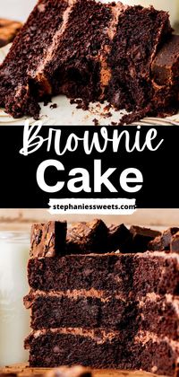 This brownie cake has chocolate cake layers with brownie batter baked into the cake. It is topped with a chocolate cream cheese frosting. It turns out brownie and cake are an amazing combination! This brownie cake will blow your mind.