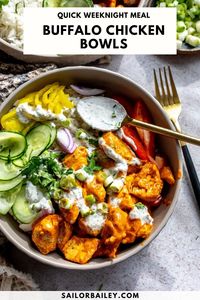 Buffalo Chicken Bowls are saucy, sassy and easy to make. The family will love this veggie loaded meal. Ready in 30 minutes.  via @sailor_bailey