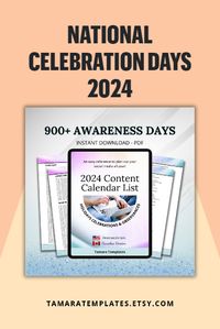 National celebrations days 2024 PDFs. One version has an American holidays list. The other version has a Canadian holidays list. Both PDFs have over 900 awareness days. Including national holidays, observances and silly holidays! Ideal for social media managers, small business owners and anyone who wants to plan their marketing content ahead of time. Whether it's for social media, email marketing or putting out seasonal products. Download your copy and add it to your marketing plan in 2024!