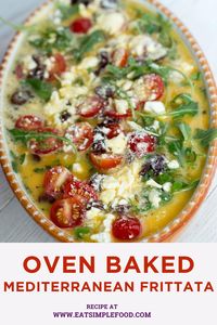 This baked Mediterranean frittata recipe is loaded with potatoes, fresh spinach, eggs, tomatoes, olives, and feta cheese. This healthy vegetable frittata recipe is easy to make and cooks in the oven at 375F for ~ 30 minutes.