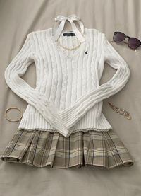 Shop this outfit ~ skirt superdry, jumper ralph lauren cable knit, jewellery & sunglasses vintage / thrifted #outfits #inspiration #outfitinspo #ralphlauren #feminine #cute #coquette #oldmoney #preppy #photography #pinterest #board