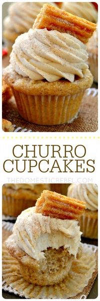 These Churro Cupcakes are bursting with cinnamon sugary goodness in every bite! Perfect for Cinco de Mayo or any occasion that calls for a moist, sweet and fluffy cinnamon-spiced cupcake topped with a crispy churro!