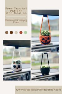 Love the Car Hanging Plant Collection crochet pattern? Then you are are going to also enjoy this FREE crochet pattern modification, which adds a spooky twist to your car hanging plants. In this blog post, you can find written instructions as well as a video tutroial for the pattern modification. Instructions for a crochet pumpkin, skull, and cauldron are included. Grab your yarn and hook, get to crocheting all the spooky things!