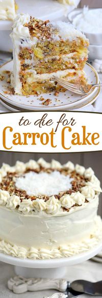 This To Die For Carrot Cake receives rave reviews for it's unbelievable moistness and flavor! Truly the BEST CARROT CAKE you'll ever try! So easy to make and as an added bonus, there's no oil or butter! I know this cake will quickly become a family favorite! // Mom On Timeout