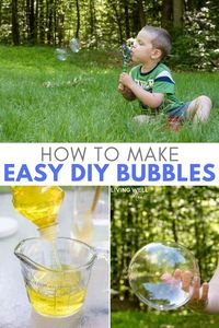 Kids love bubbles and adults will too with this simple and inexpensive recipe for Homemade Bubble Solution. This solution us made without glycerin, uses just 3 common ingredients and is easy to store for later use. These bubbles for kids add a whole new level of fun to outdoor play!