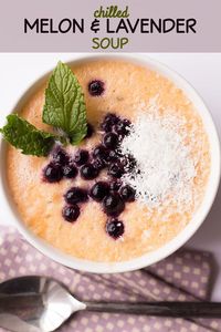 Chilled Melon and Lavender Soup - toss melon, pure coconut water, lime juice, and culinary lavender in the blender and CHILL. A pure and healthy summer treat.