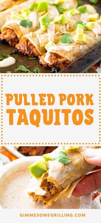 Pulled Pork Taquitos are a quick and easy weeknight dinner recipe using leftover pulled pork. If you have pulled pork that is leftover from smoking a pork shoulder you need to try this delicious recipe! Crispy shells filled with delicious pulled pork and an amazing dipping sauce! Make this for dinner tonight! #pulledpork #taquitos