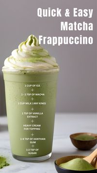 A quick and easy matcha green tea frappuccino recipe to try at home in 5 minutes! #matcha #matchalatte #greentea #frappuccino