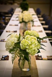 Hydrangeas  with the round glass vases