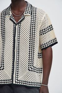 Available In Off White and Blue/combo Fold Down Collar Front Button Closure Short Sleeve 100% Acrylic Disclaimer: Pattern Placement May Vary Imported | Mens Allston Crochet KniT-Shirt in Off White size Small by Fashion Nova