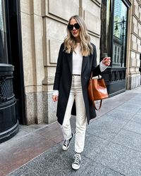 Fashion Jackson Wearing Vince Black Wool Coat Jenni Kayne White Sweater AGOLDE White Jeans Converse Black High Top Sneakers Celine Tan Bucket Bag NYC Outfit Daily Outfit