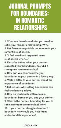 Explore these thought-provoking journal prompts designed to help you navigate healthy boundaries in your romantic relationships. Reflect on your wants and needs, set clear boundaries, and prioritize self-respect. Enhance communication, foster trust, and create stronger connections with your partner through self-awareness and effective boundary setting. Strengthen the foundation of your relationship by diving deep into these journal prompts.