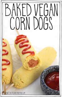 Baked Vegan Corn Dogs! A healthier version of this awesome fair food made at home. Crispy, flaky, lightly sweet, seasoned cornmeal crust is so tasty, it tastes like the best cornbread ever is wrapped around your veggie dog. Serve hot out of the oven with ketchup or mustard and oooeee are you in for a treat! #itdoesnttastelikechicken #veganrecipes #bakednotfried #snack via @bonappetegan