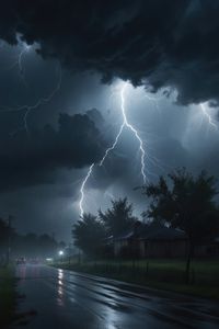 This dramatic image captures the raw power of nature against the urban landscape.  Jagged bolts of lightning illuminate the rain-soaked city streets, creating a stunning contrast between light and dark.  #lightningstorm #cityscape #nightphotography #naturephotography #storm #rain #weather #urbanjungle #electricity