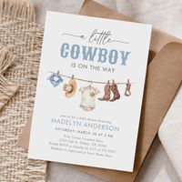 Invite friends and family to celebrate a little one on the way with this cowboy themed baby shower invitation.