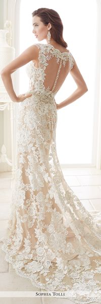 Sophia Tolli Fall 2016 Wedding Gown Collection - Style No. Y21656 Fellini - cap sleeve lace fit and flare wedding dress with illusion back