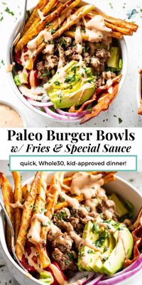 These loaded paleo burger bowls have all the goodies you love in a burger plus crispy baked French fries! Crispy bacon, pickles, tomatoes, onions, avocado, grass fed beef and special sauce. These flavor packed bowls are Whole30 compliant too and seriously yummy! A healthy dinner the whole family will love in less than an hour.