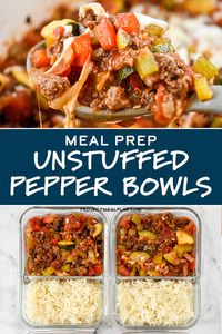 These Meal Prep Unstuffed Pepper Bowls are loaded with flavor and packed with veggies like zucchini, onion, tomatoes, and peppers, of course! Pair with your fave rice or other side for the perfect make-ahead lunch! ProjectMealPlan.com