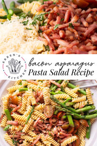 Our Bacon And Asparagus Pasta Salad is a delightful blend of textures and flavors. Crunchy bacon, earthy asparagus, juicy tomatoes - a delightful mix in a light, tangy dressing!
Enjoy this delicious Bacon and Asparagus Pasta Salad at barbecues, potluck gatherings, or a nutritious family meal. It is the best pasta salad recipe for busy summer nights or for a summer barbecue!

Head to errenskitchen.com for easy, delicious, and even quick recipes for breakfast, lunch, dinner, and desserts! 