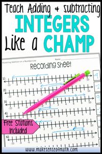 Great ideas on how to teach adding and subtracting integers so your middle school math students get it. Skip the rules, and focus on conceptual understanding with number lines. Your 7th grade math students will appreciate these tips! Also includes FREE math stations to practice adding and subtracting integers. Click here to read more. #makesenseofmath #integers #seventhgrademath