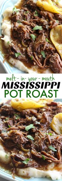 This Mississippi Pot Roast is the most delicious pot roast you will EVER eat! Made with just five simple ingredients and slow cooked in the crockpot, you are going to fall in love with this! #mississippipotroast #crockpot #slowcooker #mississippiroast #chuckroast