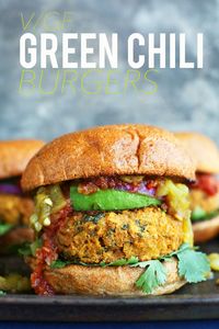 30-minute veggie burgers made with chickpeas, green chilies, and crushed tortilla chips! Tender, flavorful, quick, and so satisfying!