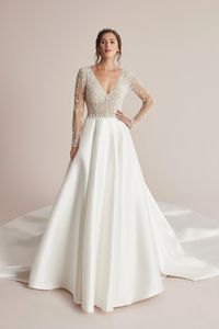 Carson: Beaded Long Sleeve Ball Gown with Mikado Skirt and Pockets | Justin Alexander