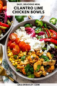 Zesty, fresh Cilantro Lime Chicken Bowls are a stand up easy meal. Can be ready in 30 minutes. Make them low carb if desired!   via @sailor_bailey