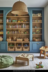 Fall in love with these gorgeous Montessori spaces! From stunning built-in bookshelves to cozy reading corners, browse 37 playroom ideas that blend modern color with classic design. Perfect inspiration for your dream space! #montessoriplayroom #playroomdesign #builtins #modernplayroom