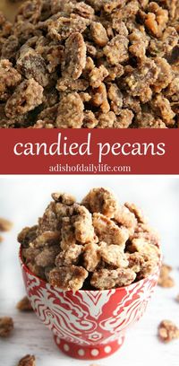 Candied pecans make a wonderful appetizer for parties, and are a great topping for cakes and other desserts! Use them on salads too! Such an easy recipe to make and SO delicious!