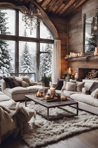 Textures and rustic furnishings welcome you into this mountain home living room. What a gorgeous space to read a book or enjoy a hot beverage while looking out at the snow covered landscape. #cozy, #mountainfurnishings, #rustic, #sofa, #coffeetable, #chandelier image: Ephoque