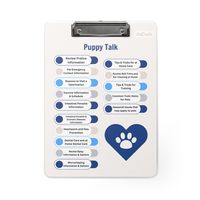 Introducing our 'Puppy Talk' Clipboard, a must-have tool for any veterinary practice dedicated to enhancing communication with pet owners. This professional-grade clipboard is practical and serves as an educational resource for your clients, especially those new to dog ownership. Crafted with durability in mind, our clipboard is made from high-quality materials that can withstand the demands of a busy veterinary practice. The sturdy clip keeps your documents secure and organized, while the smooth writing surface ensures a seamless note-taking experience. BENEFITS: *Streamlines communication with pet owners by providing essential health information. *Enhances client education efforts, helping to reduce the number of preventable pet health issues. *Supports veterinary staff by offering a qui