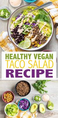 This vegan taco salad is loaded with delicious ingredients! It's nutritious, super versatile and easy to prep ahead. The perfect family meal! #veganrecipes #plantbasedsalads