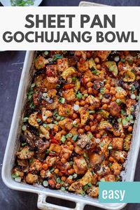 A sheet pan gochujang bowl is an easy, flavor-packed way to use up leftover veggies. Tofu, Veggies, chickpeas are tossed in a delicious Gochujang marinade and baked! Serve your gochujang bowls over rice, lettuce, or noodles. It’s such a versatile meal!