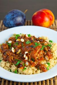 🇨🇦ClosetCooking.com 🇲🇦Moroccan 🐔Chicken Tagine Plum Nectarine 🇲🇦Moroccan Nectarine Plum Chicken Tagine ▪︎Maghrebi long-simmered Savory Stew ▪︎N Africa Morocco Algeria ▪︎Trad: eat w/bread directly from dish in center of table ▪︎Named for wide, shallow clay earthenware tajine pot w/dome or cone-shape lid that traps steam & returns condensed liquid to pot (practical if limited water) ▪︎Thousands of versions: ingredients & spices differ by region ▪︎Fragrant juice