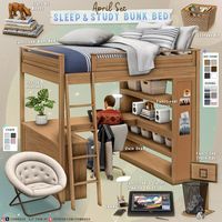 This set includes a bunk bed that can be used as a double or single bunk bed, as well as a variety of objects for customizing your sims' personal space for studying and sleeping space.😃  sims 4 Downloads / ts4 / ts4cc / ts4 clutter / ts4 furniture / teen / ts4 teen / teenager / dorm / sims 4 discover university / bedroom / office / study / drawing tablet / bunk bed / monstera