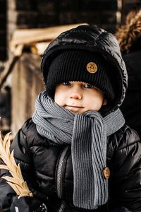 Kids hipster hiking beanie look. Black merino wool beanie and scarf for kids. Eco Merino wool beanie collection.