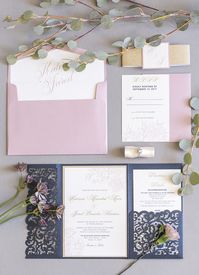 Elegant Lace Pocket Invitation in Navy, Blush & Gold - WeddingLovely Blog