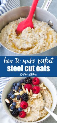 Learn how to cook perfect steel cut oats that are creamy and flavorful, never mushy. This stovetop steel cut oatmeal is a healthy, hearty breakfast that you can make ahead. Plus lots of ideas for oatmeal toppings! #breakfastrecipes #steelcutoats #oatmeal #mealprep