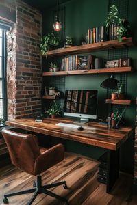 A wooden desk and shelves above it, a leather chair in front of the computer, a brick wall, industrial-style decor, wooden accents, green plants on the shelf, and cozy lighting.