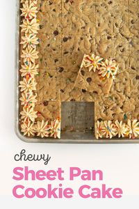 This chewy sheet pan cookie cake is the perfect birthday treat for a crowd! Bake in a rimmed half sheet cookie sheet to feed 24-36 people!