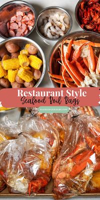 Learn how to make a restaurant style seafood boil bag in just 30 minutes with this quick and easy recipe. Heat resistant bags are filled with juicy crab legs, shrimp, crawfish, potatoes, corn, and more, then drenched in a mouthwatering cajun butter seafood boil sauce. Serve at your next gathering for a crowd-pleasing meal! #seafoodboil #seafoodboilbags