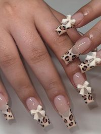 24 Pcs Long Square Press On Nails Wild Sweet Cool Spice Style Small Leopard Print Beige Bow Naughty Brown French Edge Personality Nifty Designed For Women/Girls Fake Nails With Jelly Glue 1 Piece And File Strip 1 PieceI discovered amazing products on SHEIN.com, come check them out!