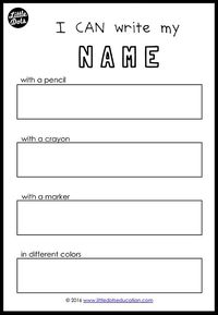 Free name writing printable for preschool, pre-k or kindergarten class. Practice to write your name with different tools.